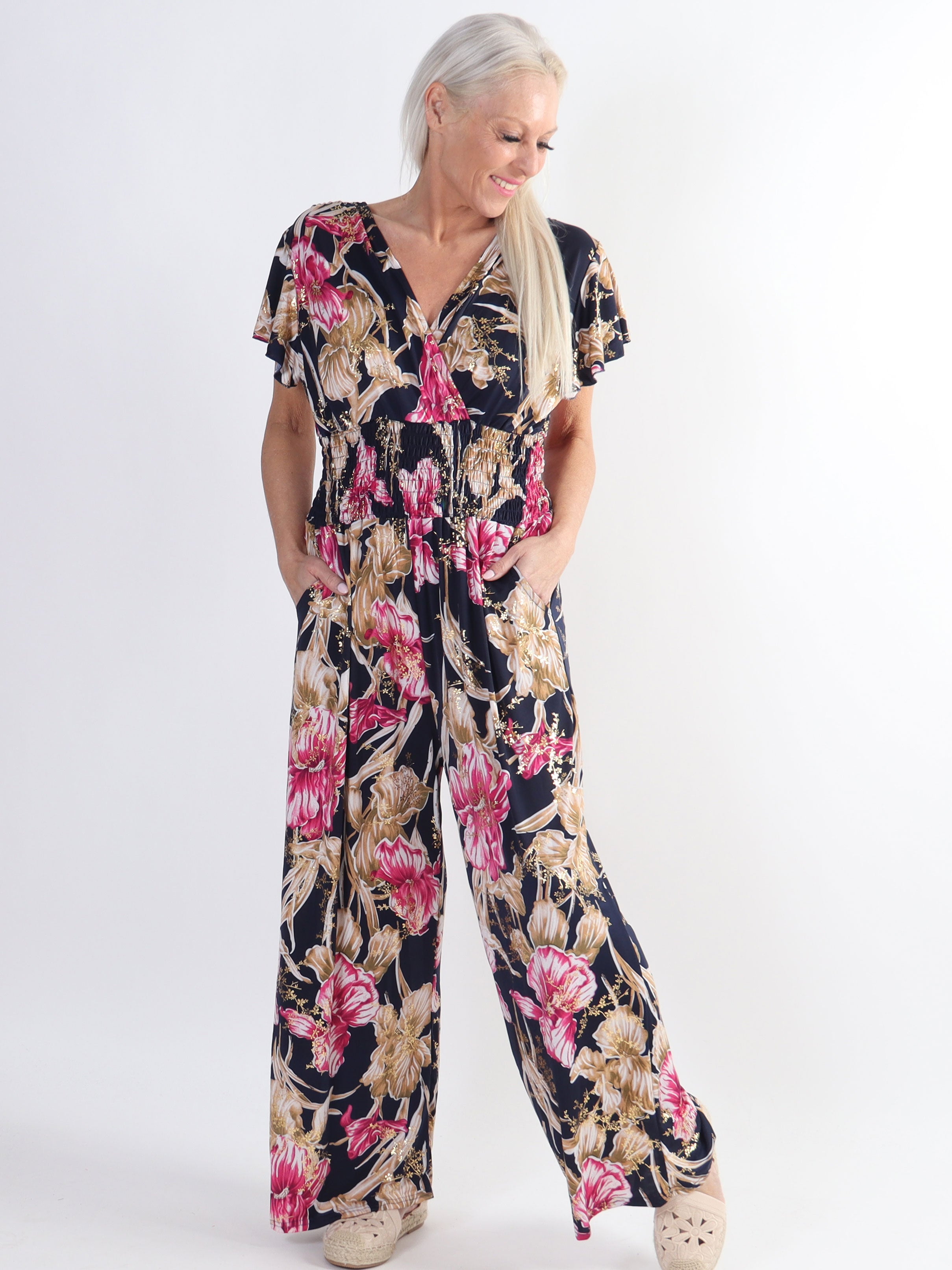 Pams Spring Jumpsuit O/B - Blomstret plus size elastisk buksedragt